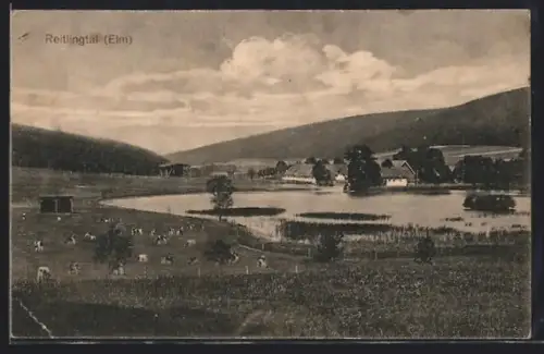 AK Reitlingtal /Elm, Landschaft mit Teich, Wiesen und Bauernhöfen
