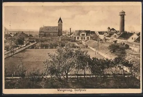 AK Wangeroog, Dorfplatz, Kirche, Leuchtturm