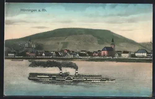 AK Hönningen a. Rh., Ortsansicht mit Kirche und Dampfschiff auf dem Rhein