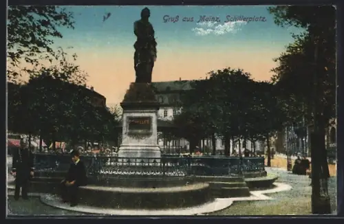 AK Mainz, Schillerplatz, Schillerdenkmal