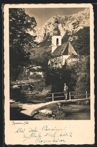 AK Ramsau /Obb., Kirche, Bach, Bergkulisse