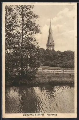 AK Liebenau i. Hann., Kirchturm mit Auepartie