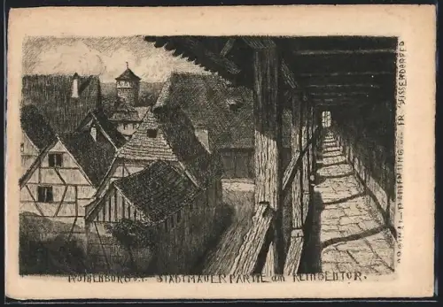 Künstler-AK Rothenburg o. T., Stadtmauerpartie am Klingentor