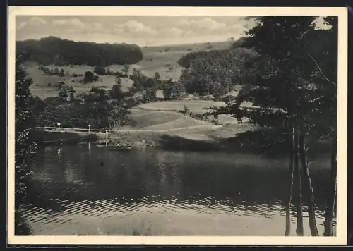 AK Guckaisee /Rhön, Uferpartie mit Ruderboot, Steg und hügeliger Landschaft