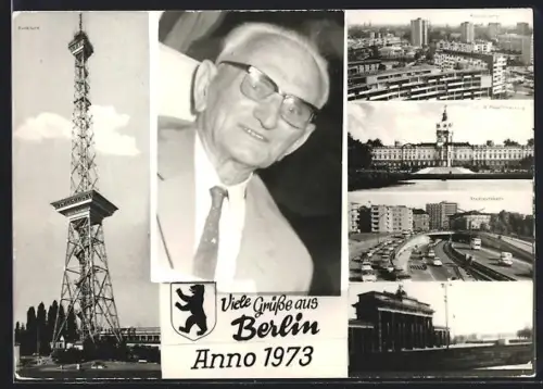 AK Berlin, Funkturm, Schloss Charlottenburg, Brandenburger Tor, 1973