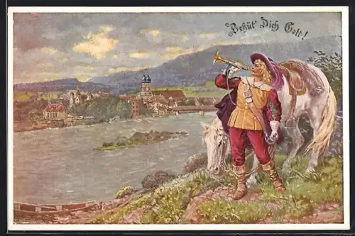 Künstler-AK Säckingen a. Rhein, Ortsansicht mit Rhein, Brücke und Trompeter