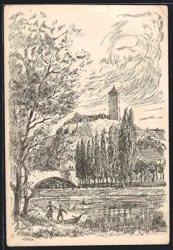 AK Halle, Burg Giebichenstein mit Turm, Saaleufer und Brücke