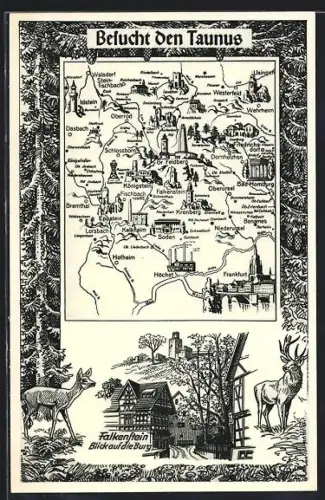 AK Königstein /Taunus, Landkarte der Region mit Blick auf Burg Falkenstein