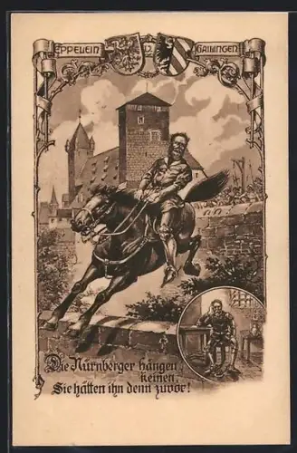 AK Nürnberg, Reiter flieht über die Stadtmauer