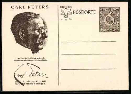 AK Carl Peters im Profil, Ganzsache WHW Winterhilfswerk