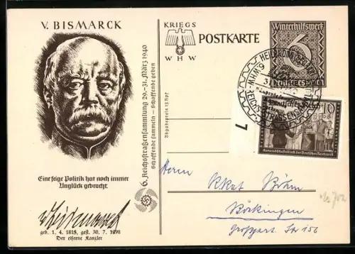 AK Otto von Bismarck im Porträt, Ganzsache WHW Winterhilfswerk