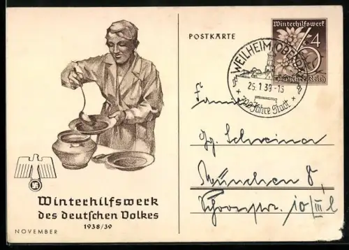 AK Essensausgabe in der Suppenküche, Ganzsache WHW Winterhilfswerk