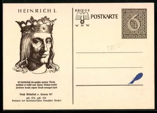 AK Heinrich I., Porträt und Zitat, Ganzsache WHW Winterhilfswerk