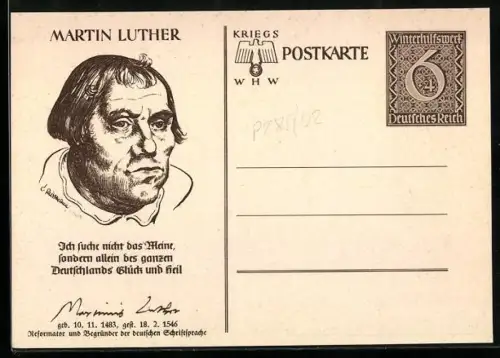 AK Martin Luther, Porträt und Zitat, Ganzsache WHW Winterhilfswerk