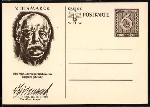 AK Otto v. Bismarck im Porträt, Ganzsache WHW Winterhilfswerk