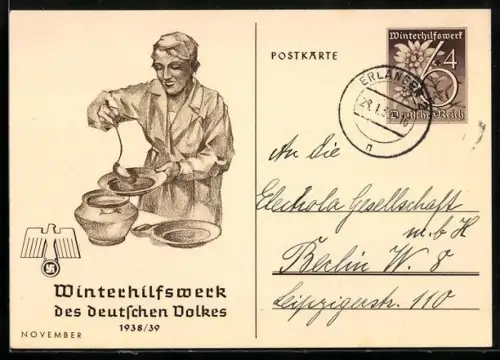 AK Hausfrau beim auftischen einer Suppe, Ganzsache WHW Winterhilfswerk