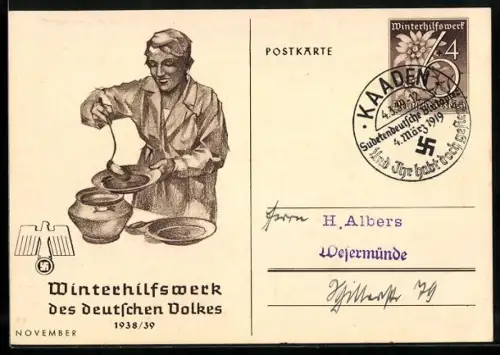 AK Hausfrau beim auftischen einer Suppe, Ganzsache WHW Winterhilfswerk