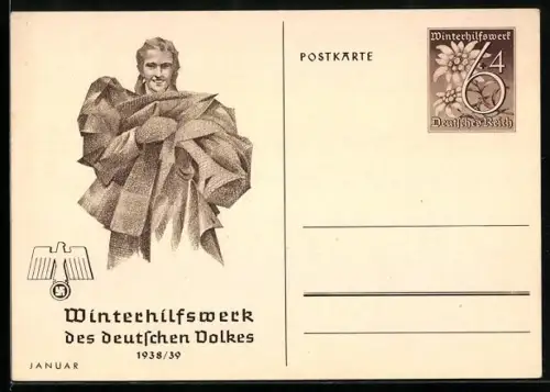 AK Frau mit Stoffen, Ganzsache WHW Winterhilfswerk