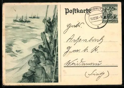 AK Matrosen auf einem Schiff, Ganzsache WHW Winterhilfswerk