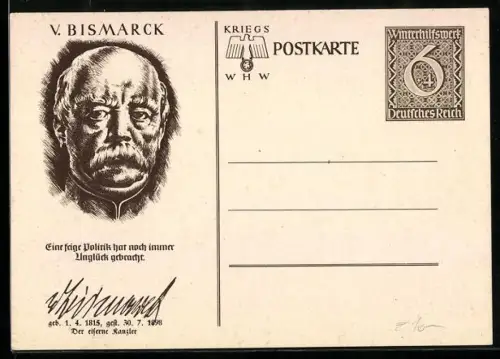 AK Otto von Bismarck, Porträt, Ganzsache WHW Winterhilfswerk