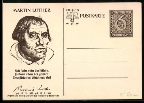AK Martin Luther, Porträt und Zitat, Ganzsache WHW Winterhilfswerk