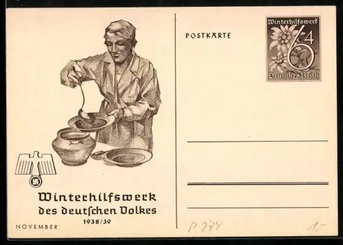 AK Hausfrau beim Auftischen von Suppe, Ganzsache WHW Winterhilfswerk