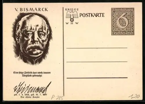 AK Otto von Bismarck, Porträt und Zitat, Ganzsache WHW Winterhilfswerk
