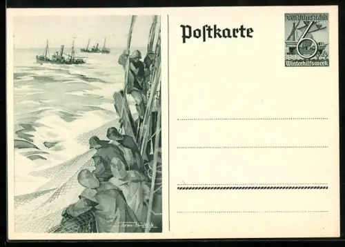 AK Matrosen an Deck eines Schiffes, Ganzsache WHW Winterhilfswerk