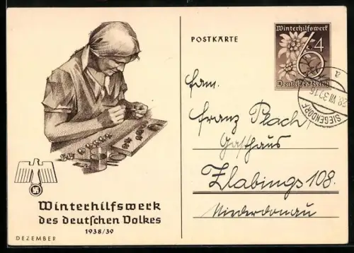 AK Arbeiterin bemalt Spielzeug, Ganzsache WHW Winterhilfswerk