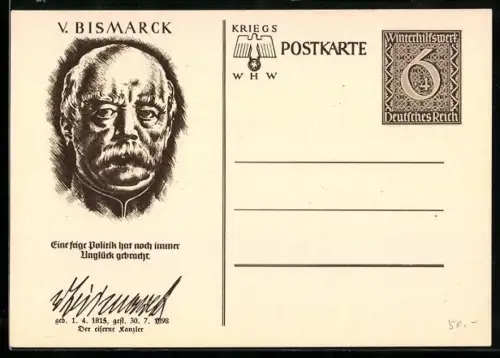 AK Otto von Bismarck, Porträt und Zitat, Ganzsache WHW Winterhilfswerk