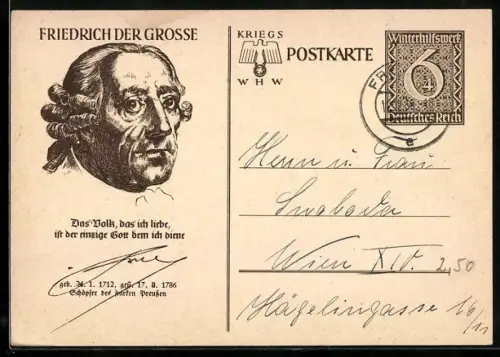 AK Friedrich der Grosse, Porträt und Zitat, Ganzsache WHW Winterhilfswerk