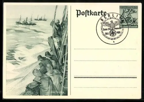 AK Matrosen auf hoher See, Ganzsache WHW Winterhilfswerk