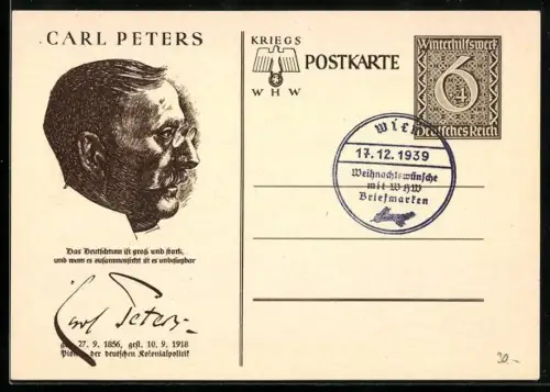 AK Carl Peters im Profil, Porträt und Zitat, Ganzsache WHW Winterhilfswerk
