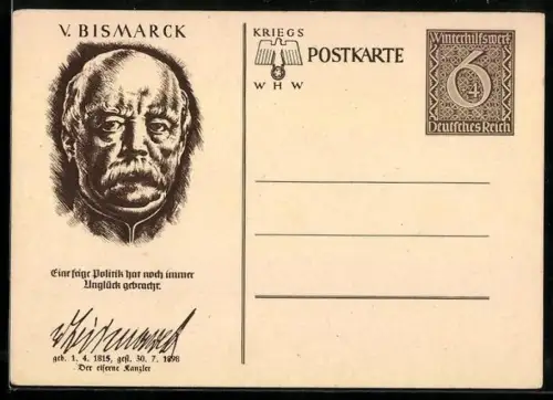 AK Otto von Bismarck, Ganzsache WHW Winterhilfswerk