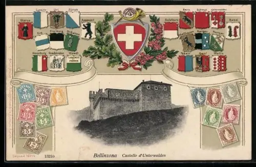 AK Briefmarken und Wappen von schweizer Städten, darunter Luzern, Zürich und Bern, dazu Castello d`Unterwalden