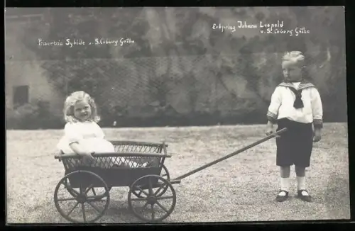 AK Erbprinz Johann Leopold von Sachsen-Coburg-Gotha und Prinzessin Sybille von Sachsen-Coburg-Gotha mit Holzwagen