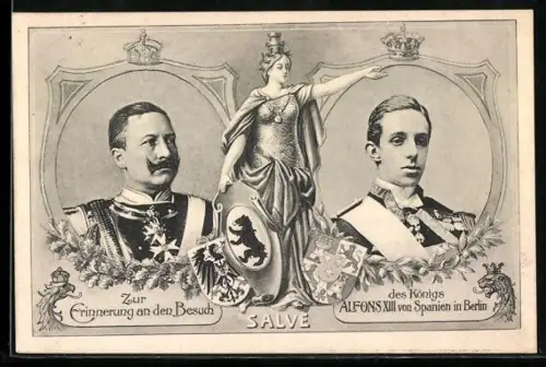 AK Portraits von Alfons XIII. von Spanien und Wilhelm II. anlässlich des Staatsbesuchs