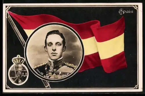 AK Portrait Alfons XIII. von Spanien vor der Landesflagge mit Wappen
