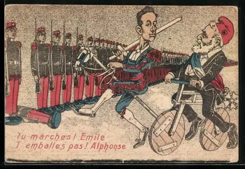 AK Karikatur von Alfons XIII. von Spanien auf einem Steckenpferd mit Holzschwert und Émile Loubet auf einem Fahrrad