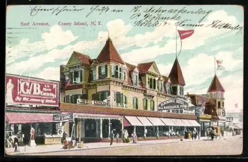 AK Coney Island, N.Y., Surf Avenue with Albemarle Hotel, prop. M.J. Rauscher