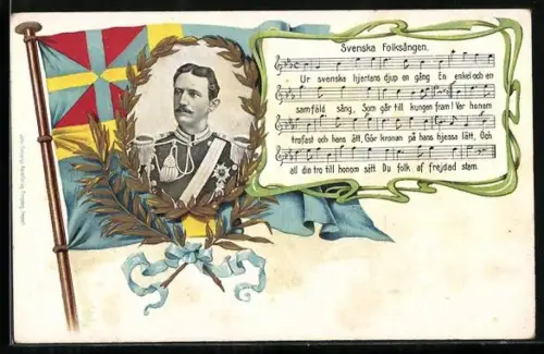 AK Portrait eines schwedischen Monarchen mit Strophe aus Svenska Folksangen