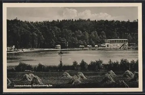 AK Schmannewitz /Sa., Badesee, Uferpartie mit Gasthaus