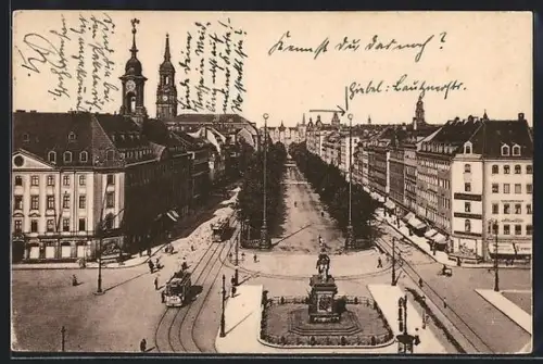 AK Dresden-Neustadt, Hauptstrasse, Reiterdenkmal, Strassenbahn