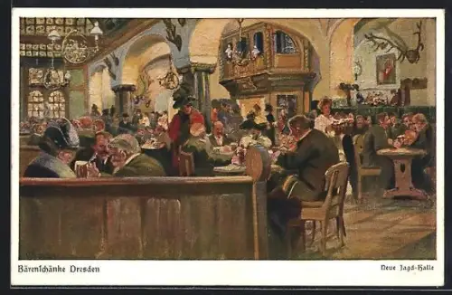 Künstler-AK Dresden, Gasthaus Bärenschänke, Neue Jagd-Halle, Innenansicht
