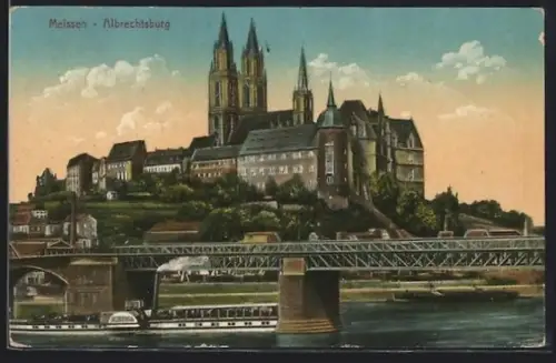 AK Meissen, Albrechtsburg, Elbbrücke, Dampfschiff
