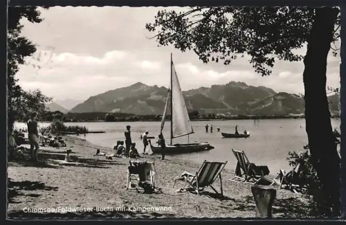 AK Chiemsee, Feldwieser Bucht, Strand, Segelboot, Kampenwand