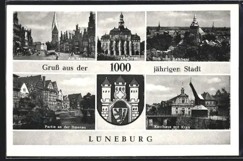 AK Lüneburg, Am Sande, Rathaus, Kaufhaus mit Kran, Partie an der Ilmenau, Blick vom Kalkberg