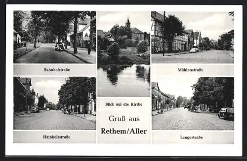 AK Rethem /Aller, Bahnhofstrasse, Mühlenstrasse, Blick auf die Kirche, Hainholzstrasse, Langestrasse