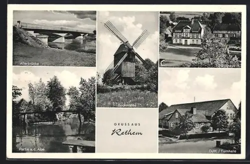 AK Rethem, Allerbrücke, Bockmühle, Stadthaus, DJH Turnhalle, Partie a. d. Alpe