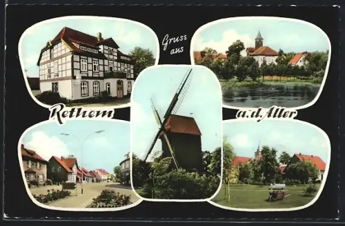 AK Rethem a. d. Aller, Fachwerkhaus, Kirche, Windmühle, Strassenansicht, Parkanlage